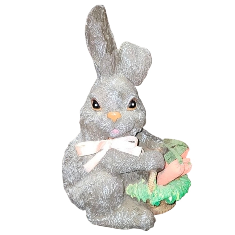 Gray Bunny Figurine Statue with Pink Bow & Basket Of Carrots